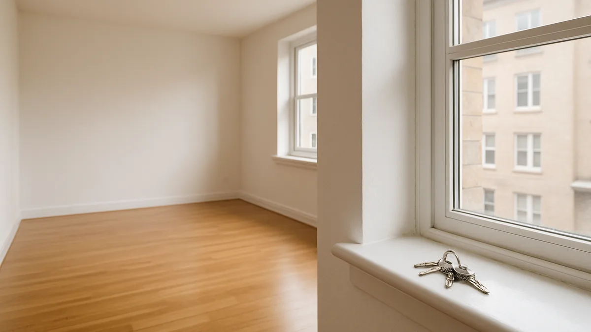 Appartement vide et propre avec un trousseau de clés sur le rebord de la fenêtre : réparations locatives avant de rendre le logement